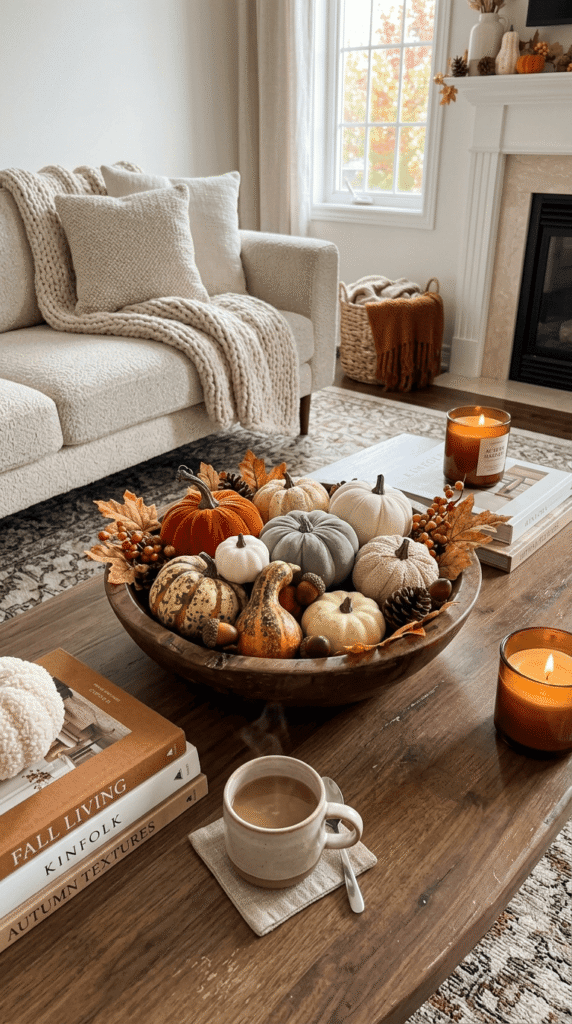 Wooden bowl filled with faux pumpkins and gourds on a fall coffee table
