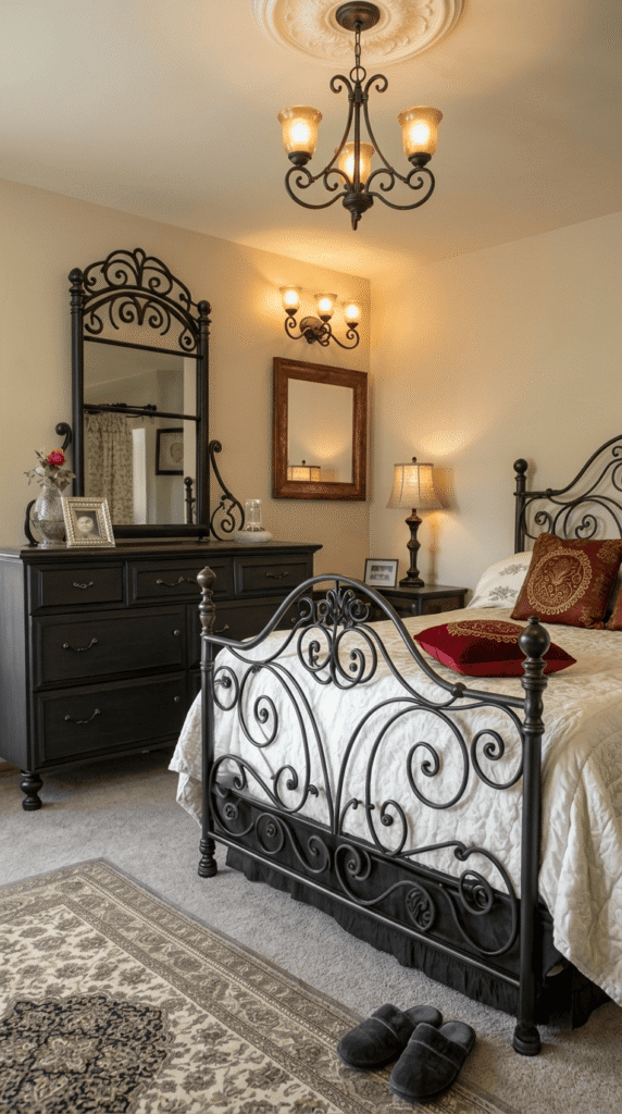 Black wrought iron bed frame with scrollwork in a dark feminine bedroom
