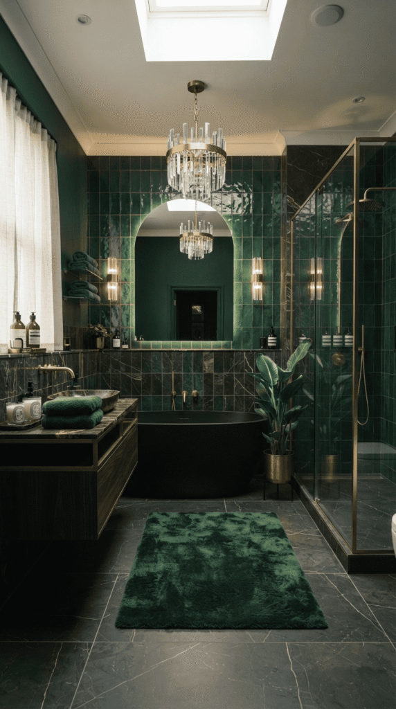 Deep emerald green bathroom decor with luxurious styling