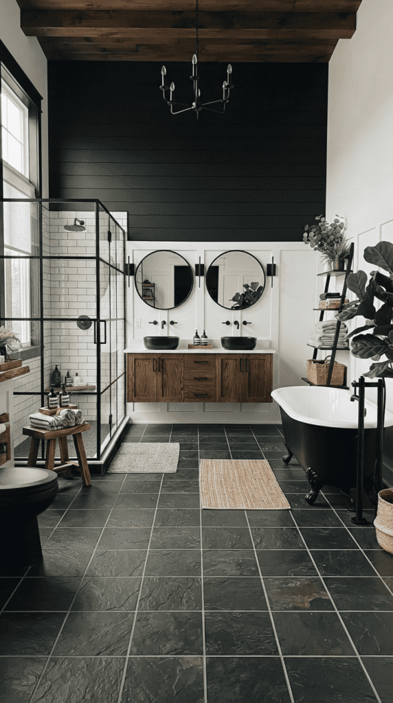 Modern farmhouse black and wood bathroom decor