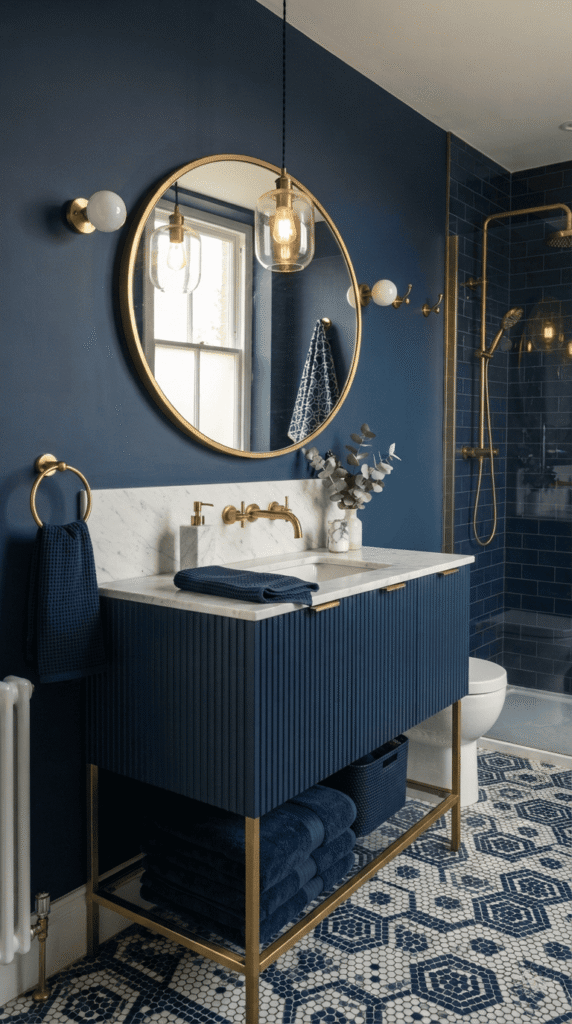 Navy blue and brass bathroom decor with elegant styling