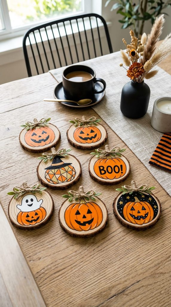 Painted Wood Slice Pumpkin Coasters