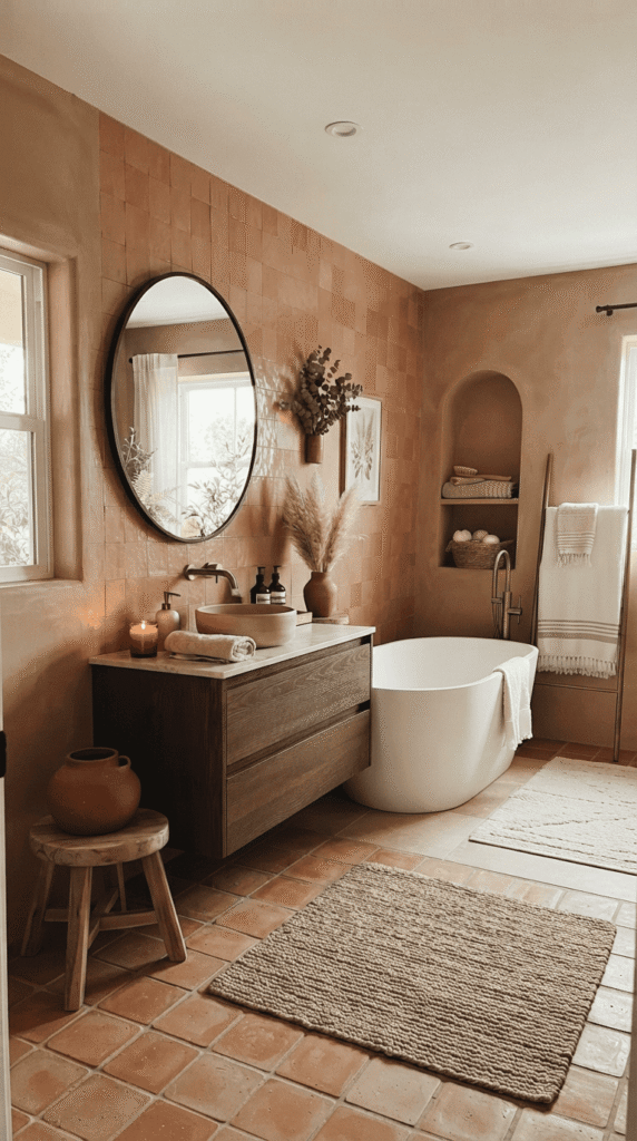 Terracotta and clay tone bathroom decor with warm earthy accents
