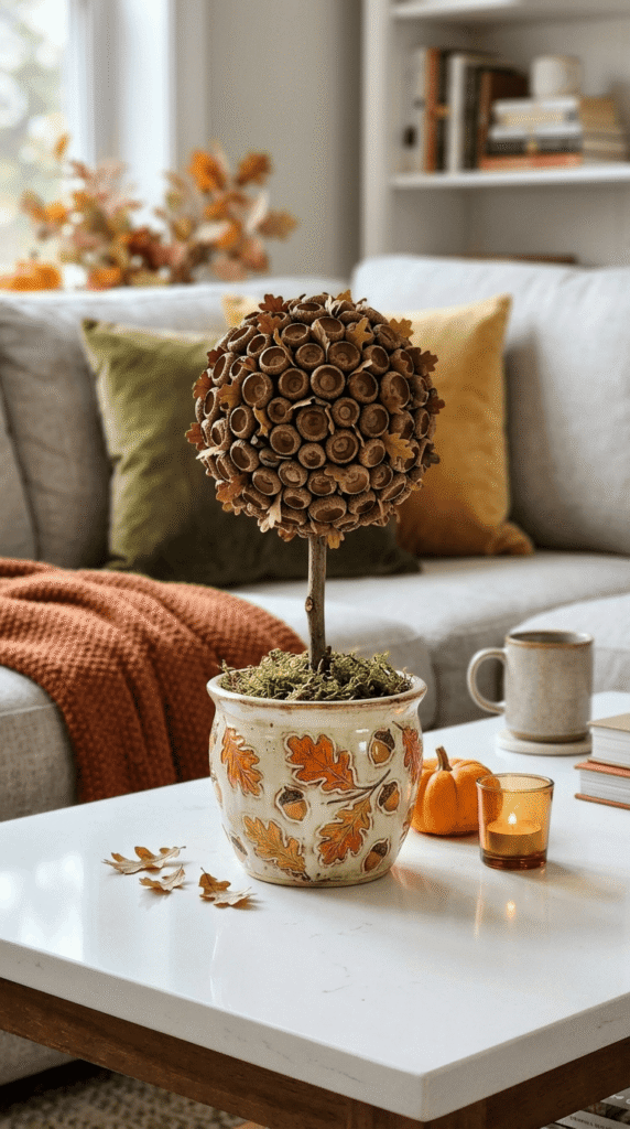 Small acorn topiary in a decorative pot for fall table decor