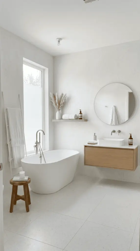 All white spa inspired bathroom decor with clean minimal styling