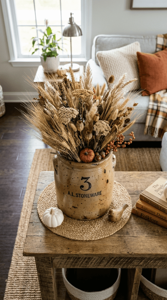antique crock with dried wheat primitive autumn centerpiece