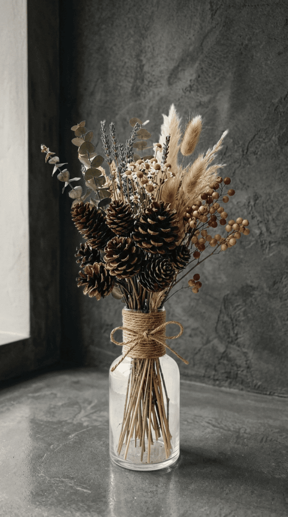 Bundled pinecones tied with twine and dried florals