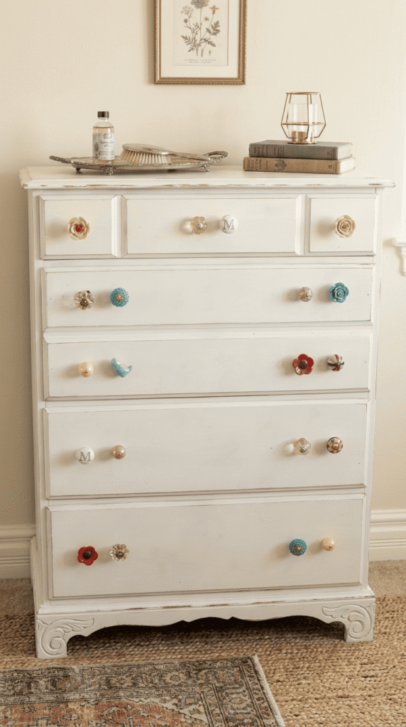 dresser drawer knob decorated with rhinestones as a DIY