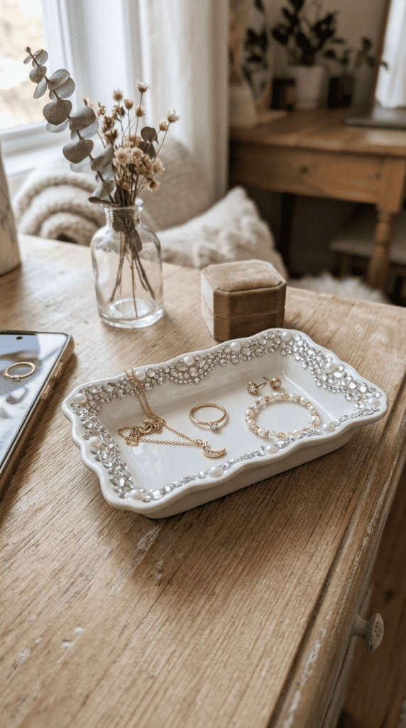 small jewelry tray decorated with rhinestones as a DIY craft
