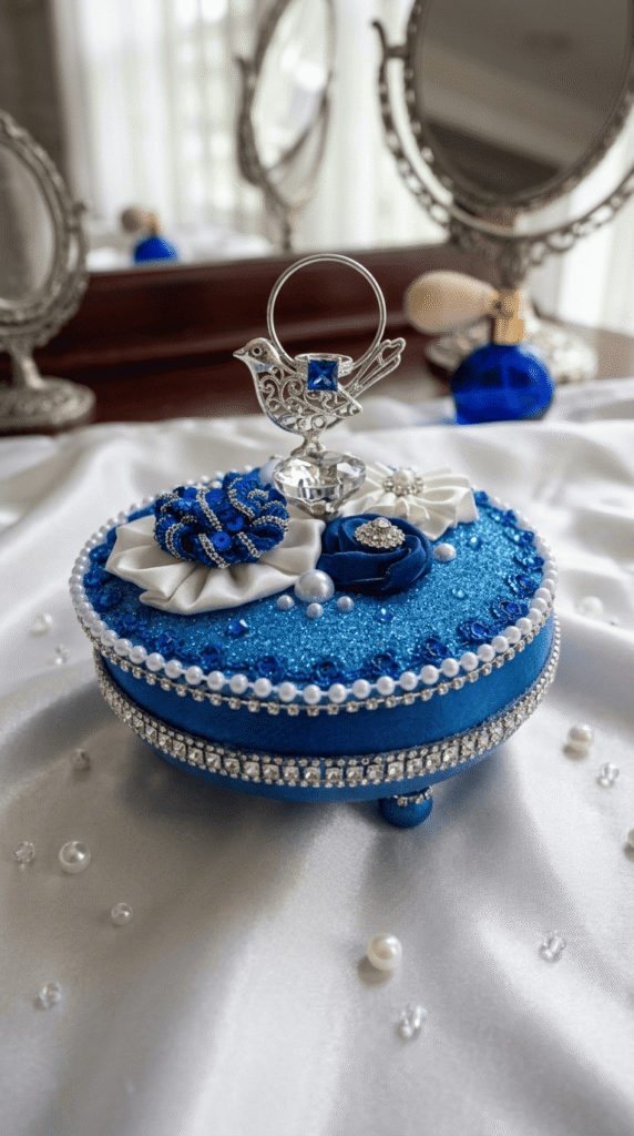 wooden keepsake box decorated with rhinestones as a DIY craft