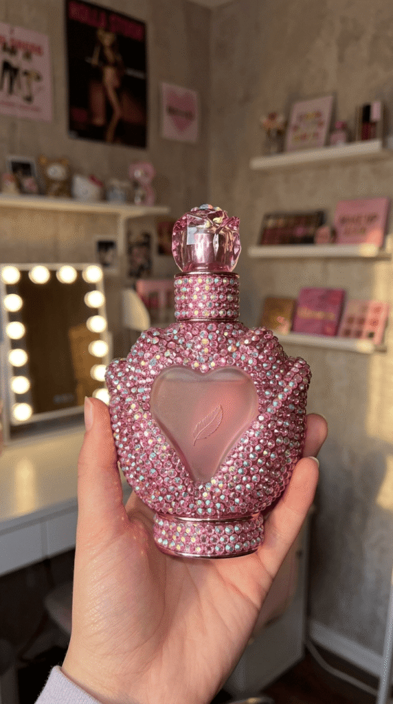 glass perfume bottle decorated with rhinestones as a DIY bedazzling craft