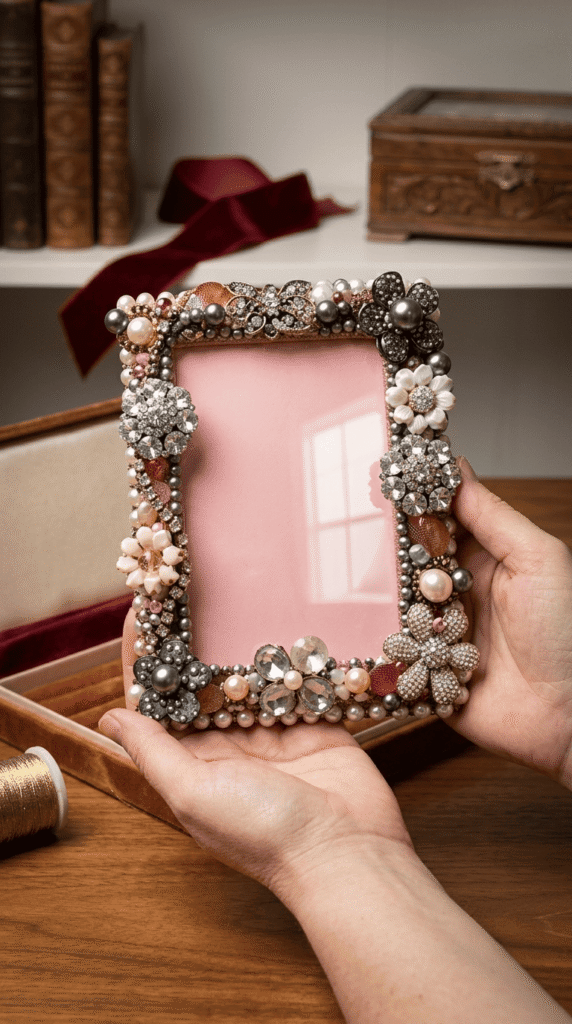 wooden picture frame decorated with rhinestones