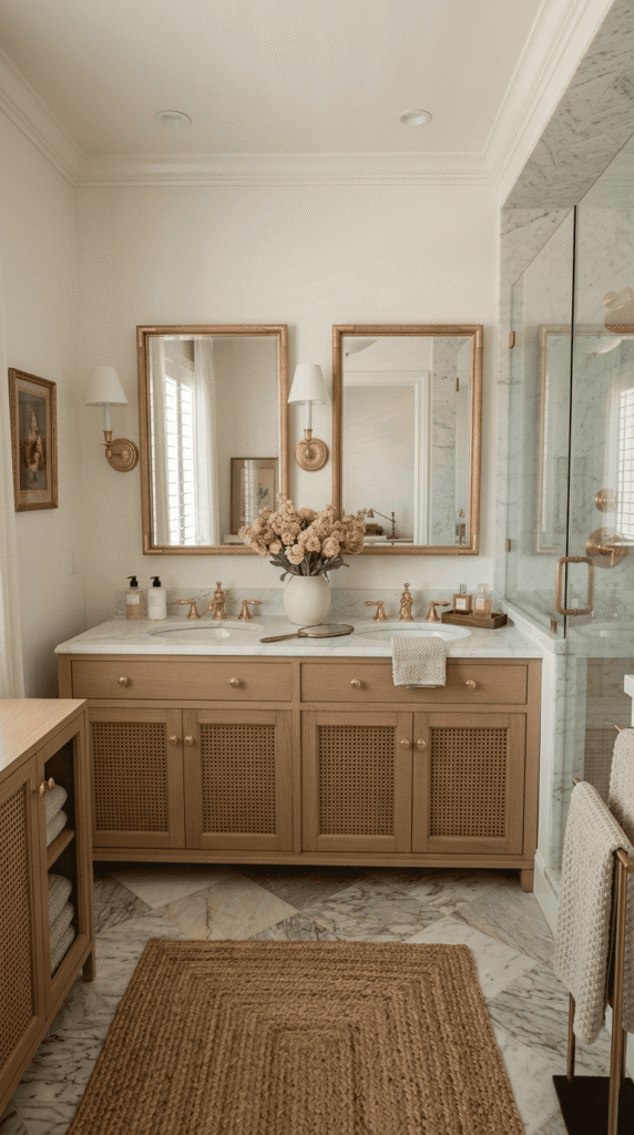 Warm beige bathroom decor with wood accents and brass fixtures