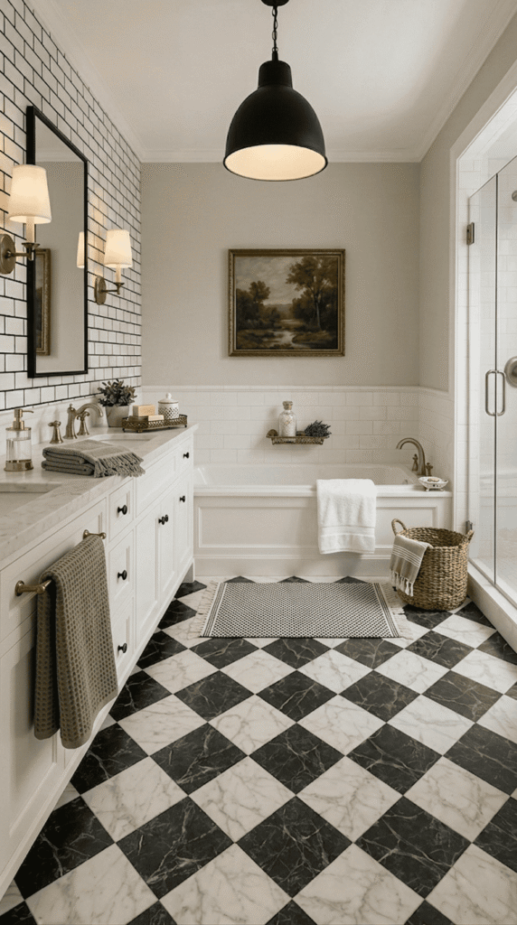 Classic black and white bathroom decor with checkered tile
