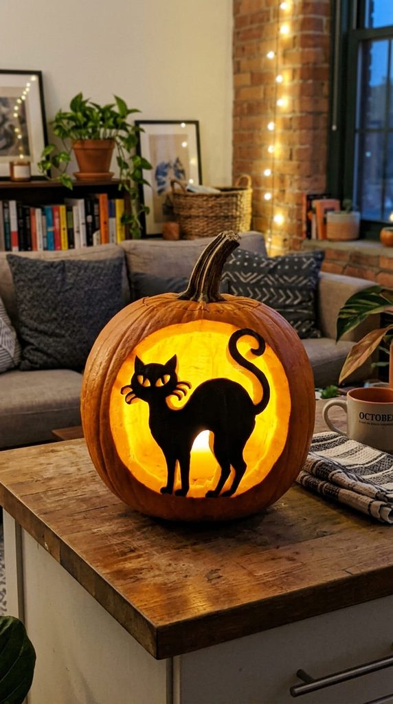 black cat silhouette pumpkin carving idea