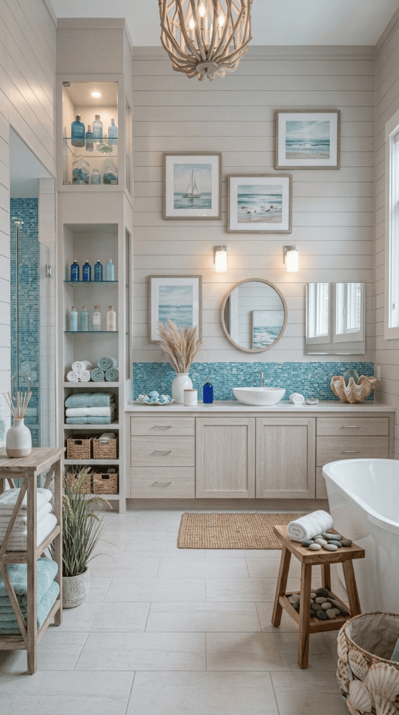 Blue tile bathroom decor with coastal spa-inspired styling