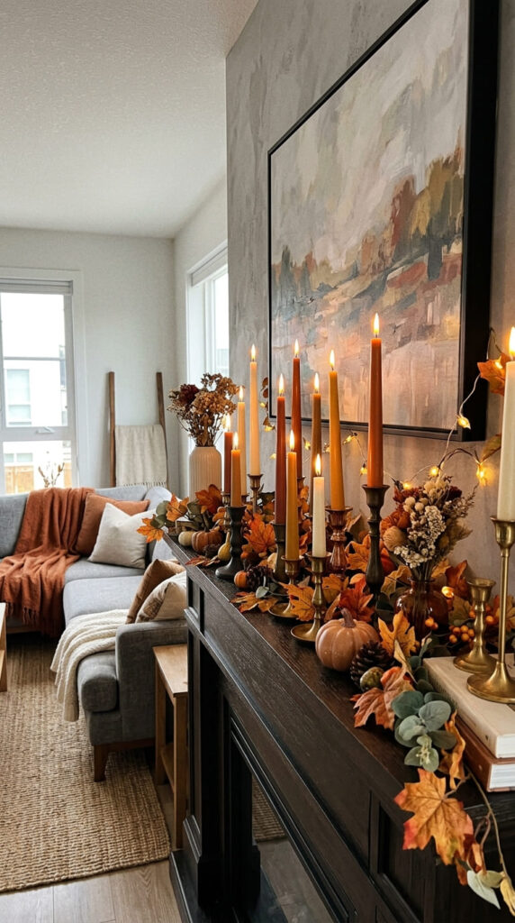 clustered candlesticks in varying heights on a fall mantle