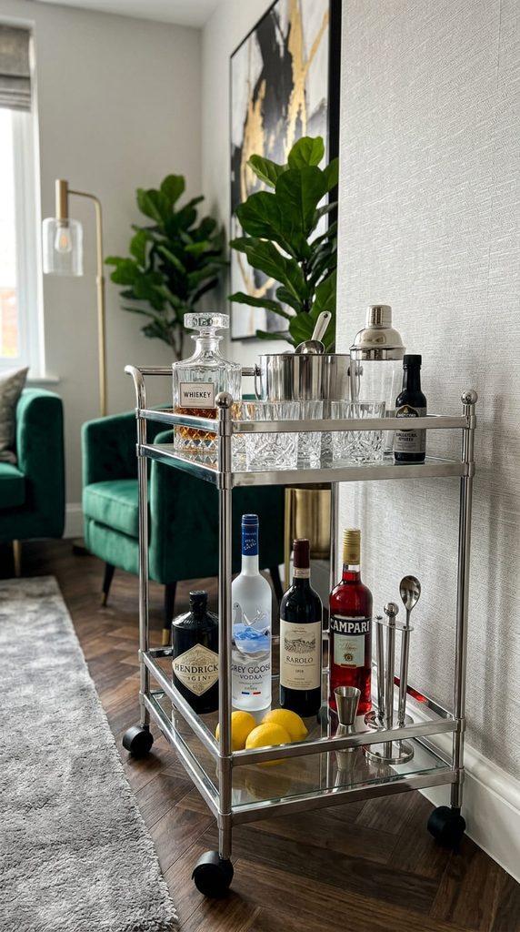 chrome bar cart living room decor
