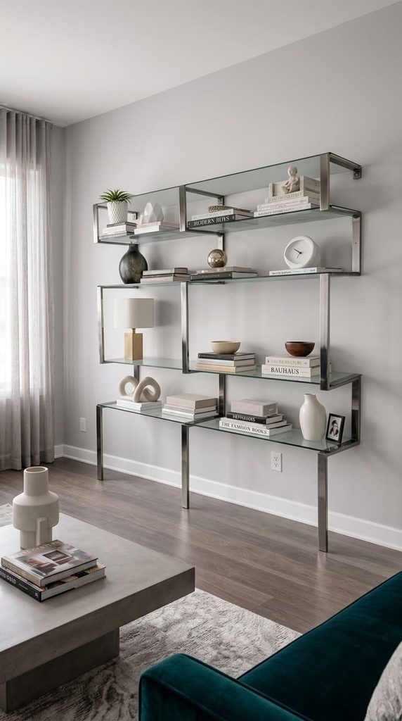 chrome shelving unit living room decor
