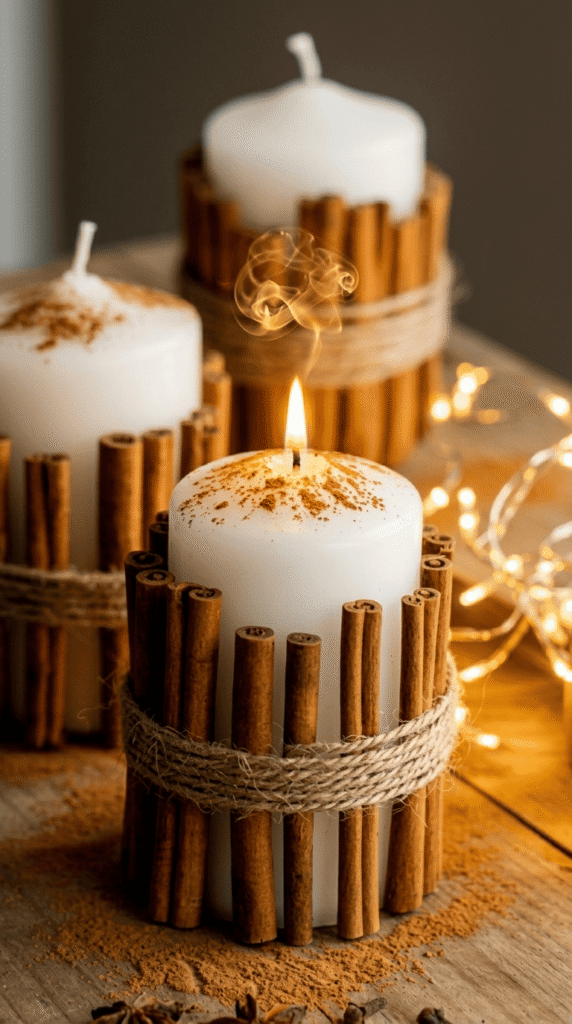 Pillar candle wrapped in cinnamon sticks tied with jute twine
