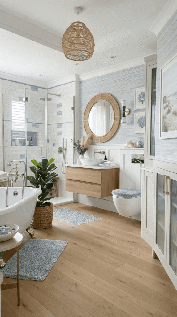 Coastal blue and white bathroom decor with beachy accents
