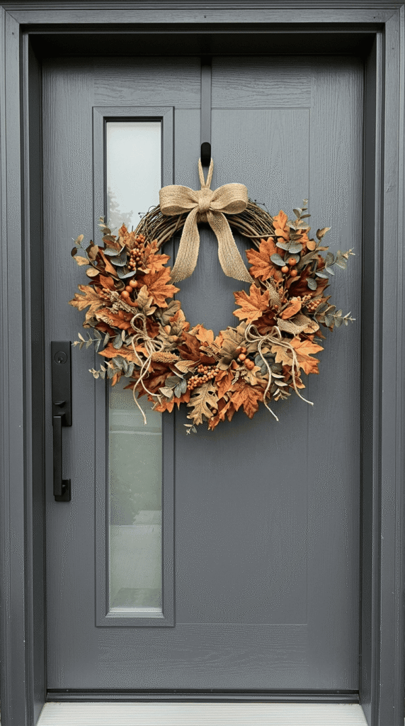 DIY fall wreath craft made with faux leaves and twine on a front door
