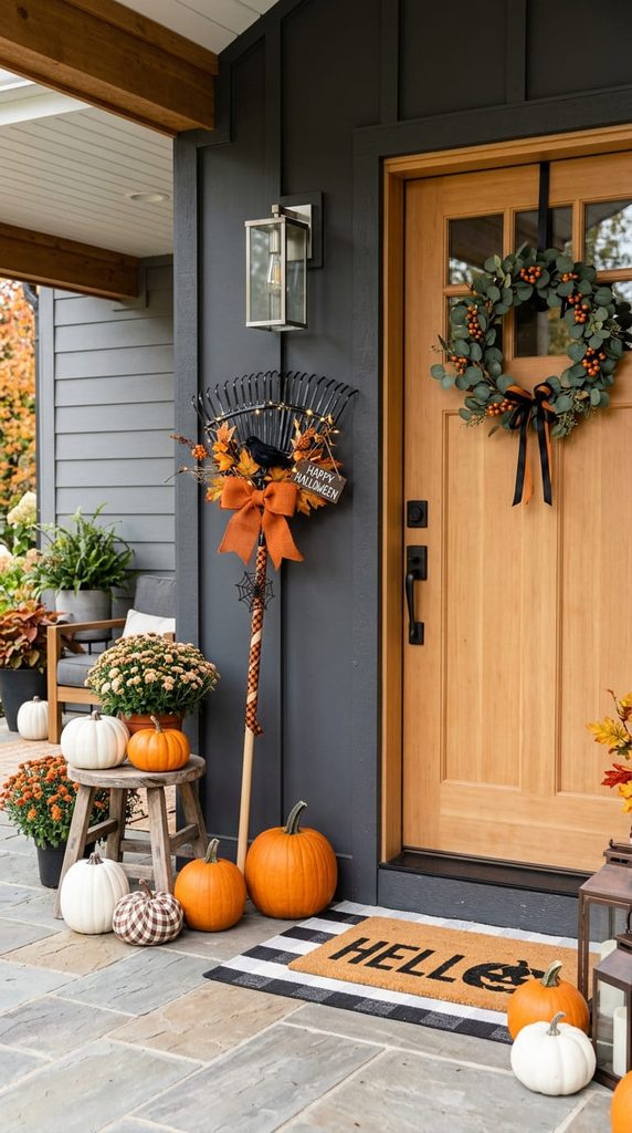 dollar tree halloween diy spray painted rake porch decor