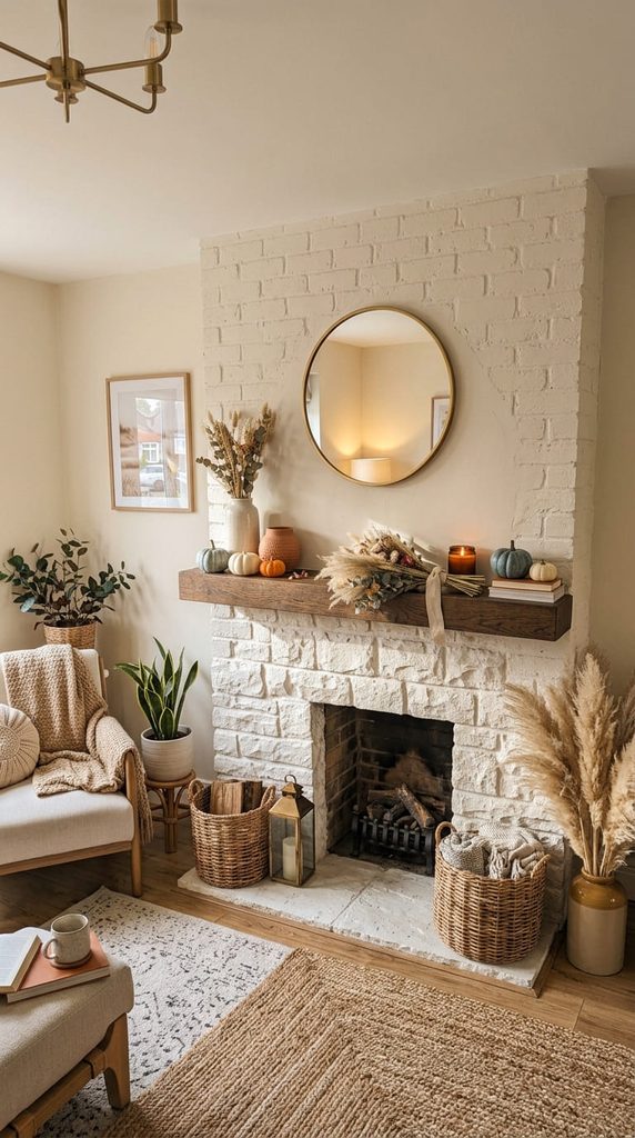 dried floral bundle tied and styled on a fall mantle