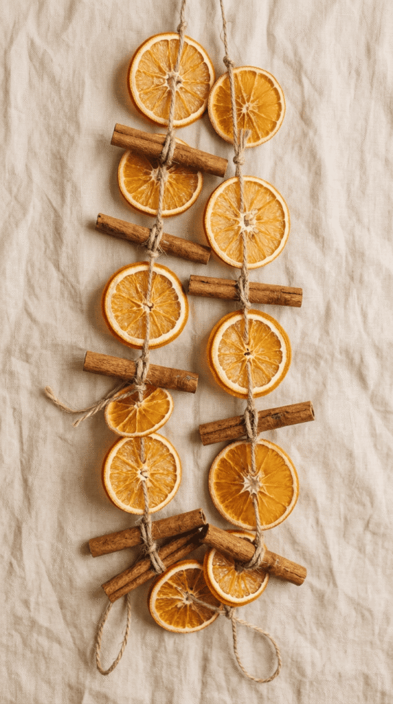 Dried orange slice garland strung together with cinnamon sticks