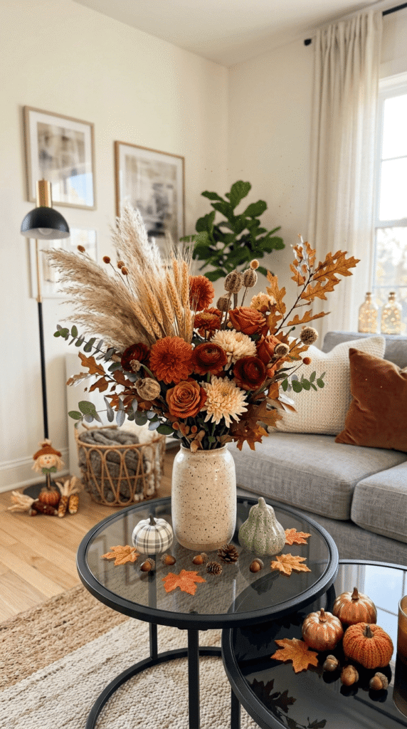 Fall floral arrangement in a vase with dried pampas and wheat stems