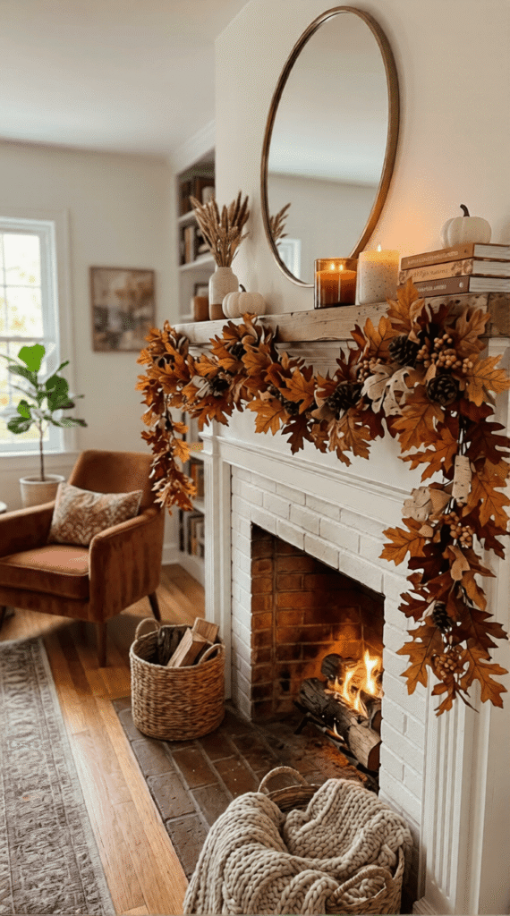 Fall leaf garland draped across a mantel with warm toned foliage