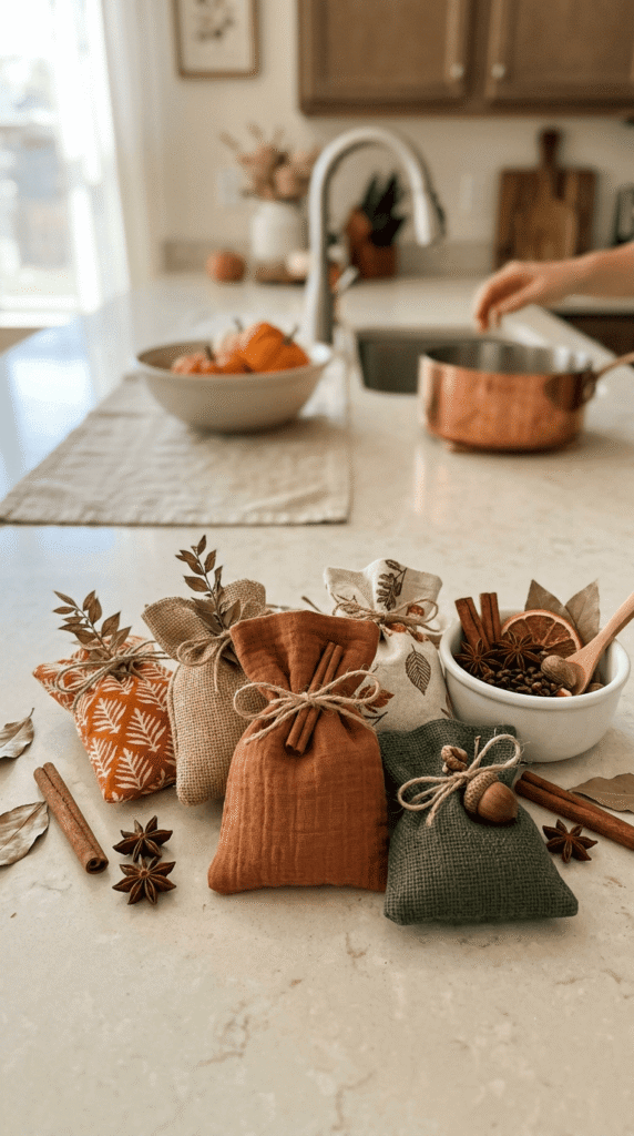 Fall scented sachets made with fabric pouches and dried spices