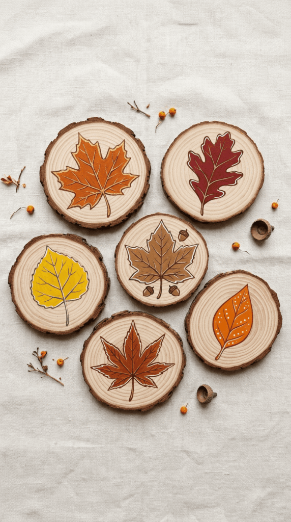  Fall themed wood slice coasters painted with leaf designs
