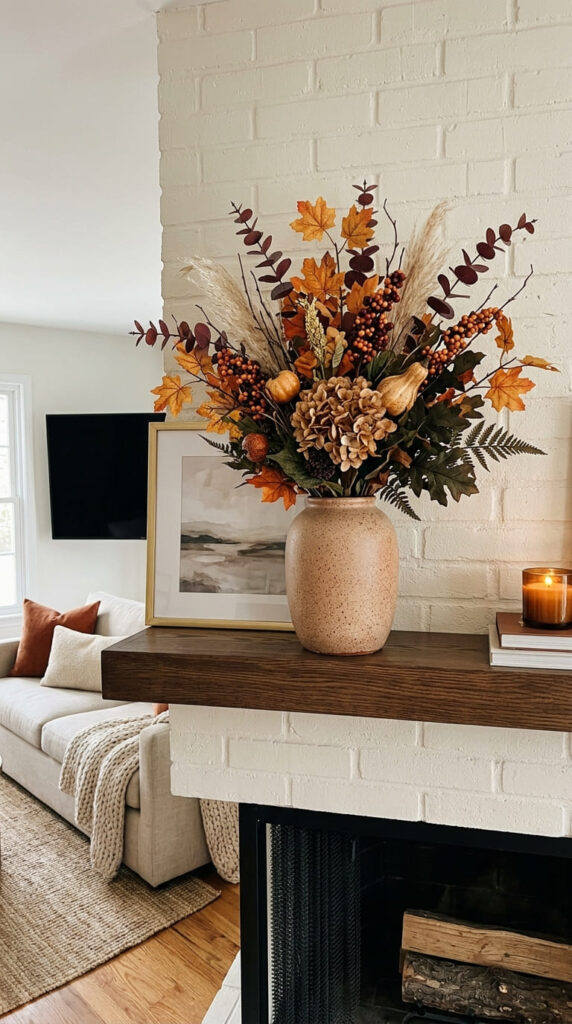 faux fall floral arrangement in a vase on a mantle
