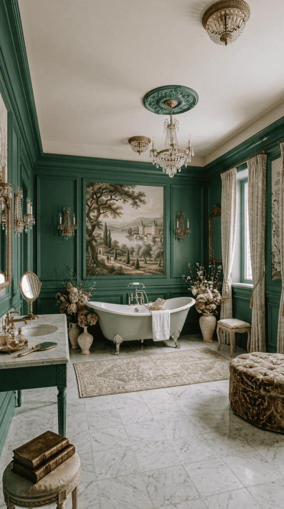 green bathroom decor with botanical prints and natural textures