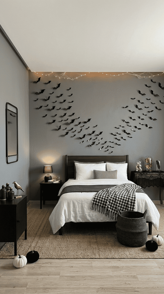 small black bat silhouette decor pieces arranged on bedroom wall