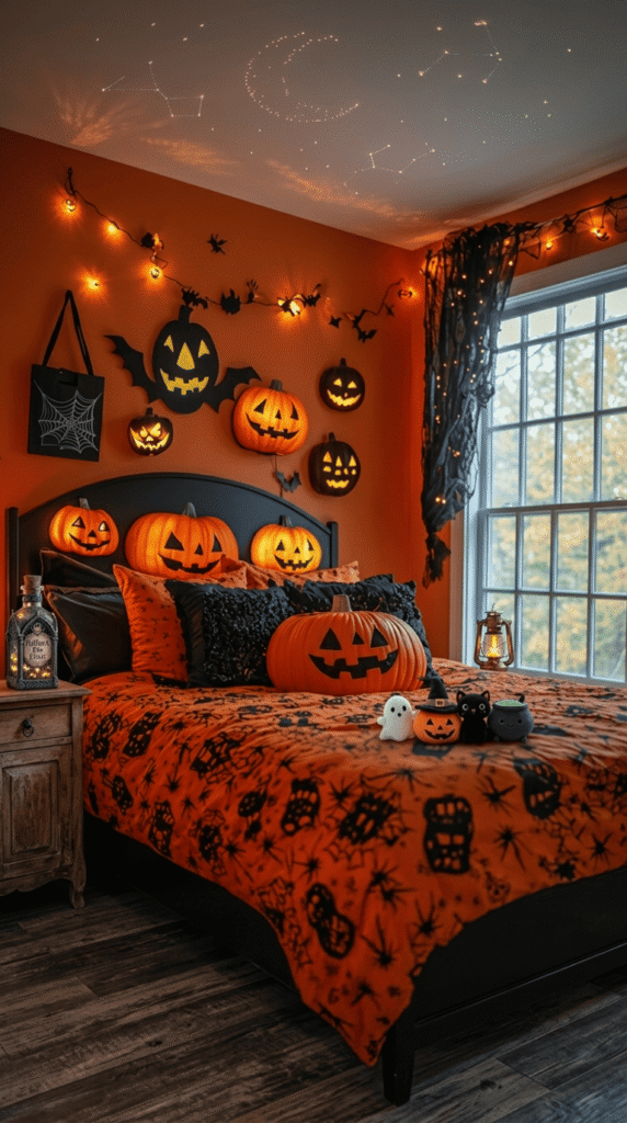 black and burnt orange layered bedding styled for halloween bedroom