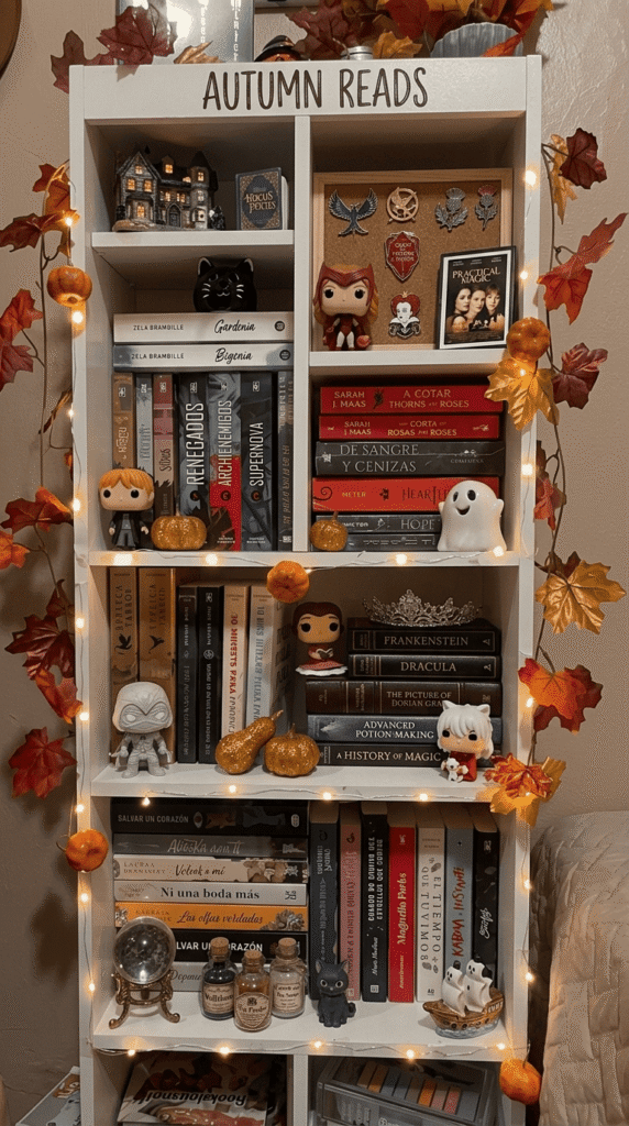 stacked books styled with candle and dried flowers on nightstand