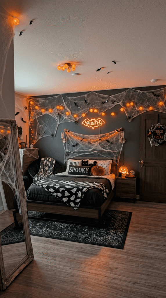 small faux cobweb accent draped in corner of bedroom shelf