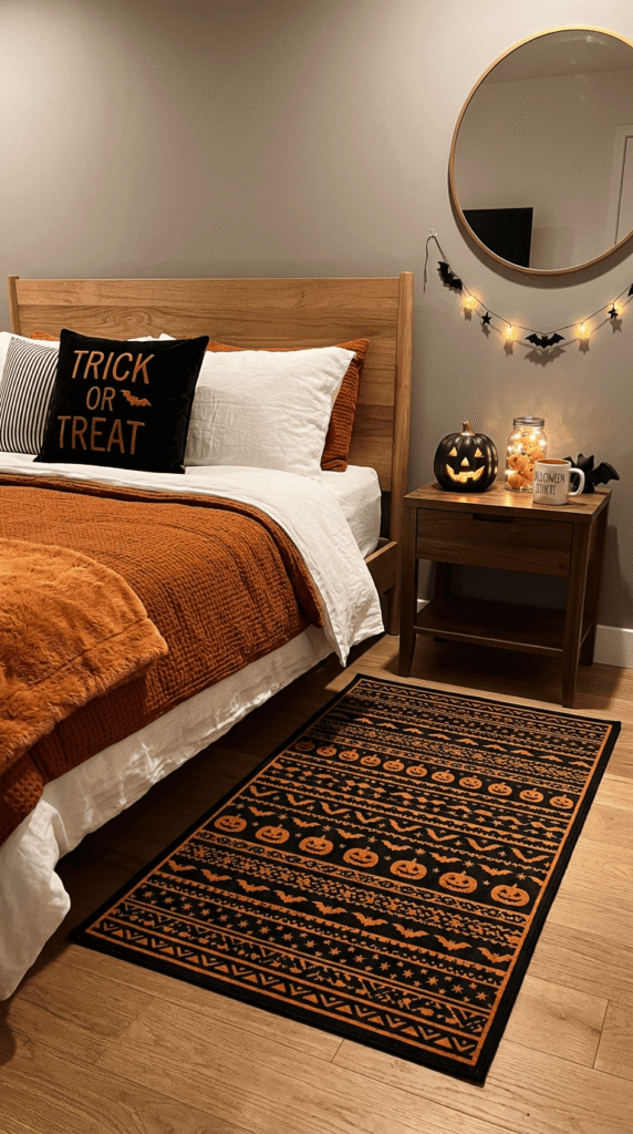 black and orange patterned accent rug styled beside bed for halloween decor