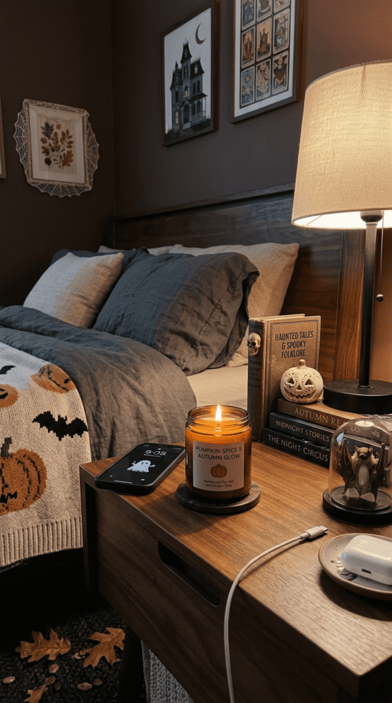 halloween scented candle in amber jar styled on bedroom nightstand