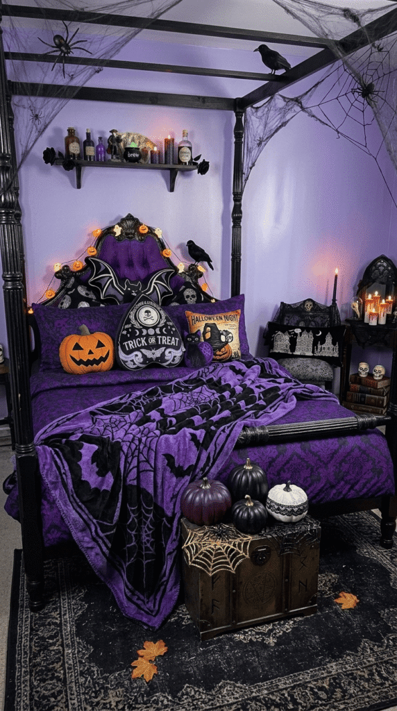 black and purple halloween themed throw blanket draped over bed