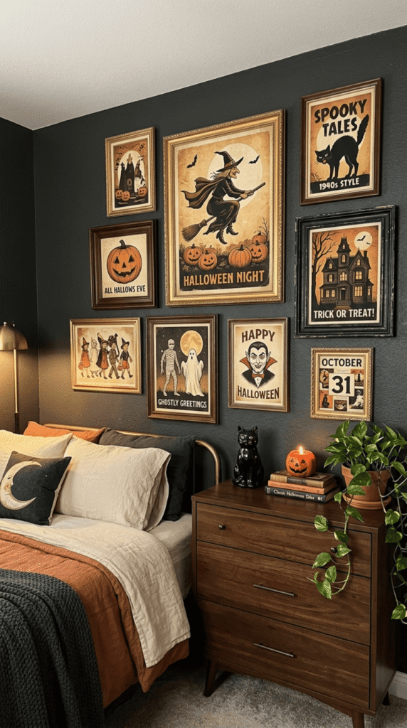 vintage style halloween illustration prints framed as a gallery wall