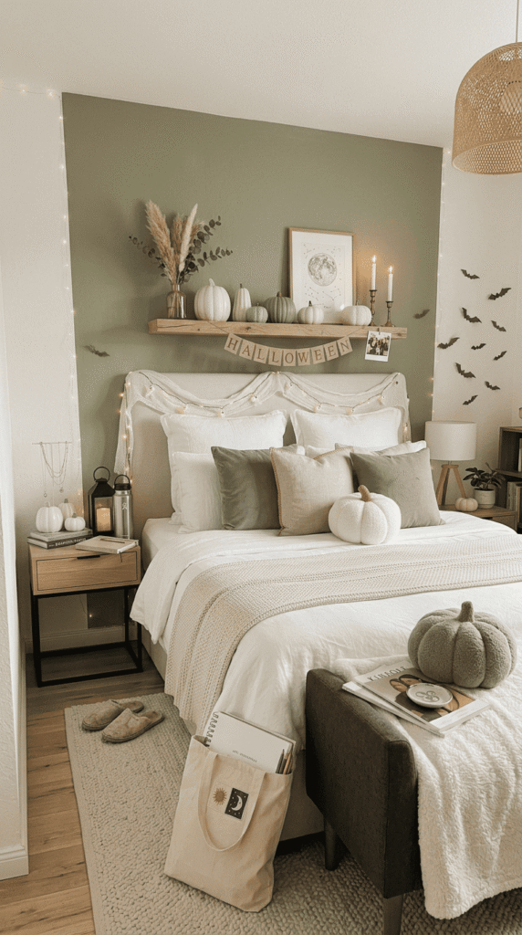 white and sage green decorative pumpkins styled on bedroom shelf