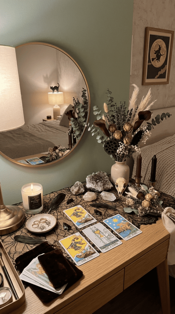 tarot cards crystals and dried flowers styled on bedroom vanity