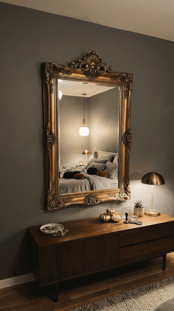 ornate vintage style mirror hung on bedroom wall for halloween decor