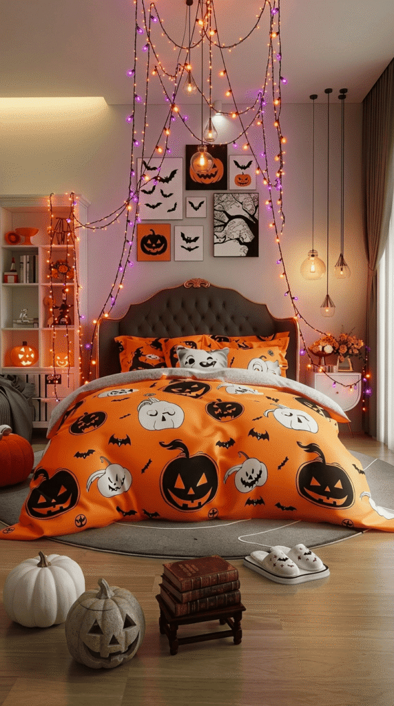 orange and purple string lights hung above a bed for halloween bedroom decor