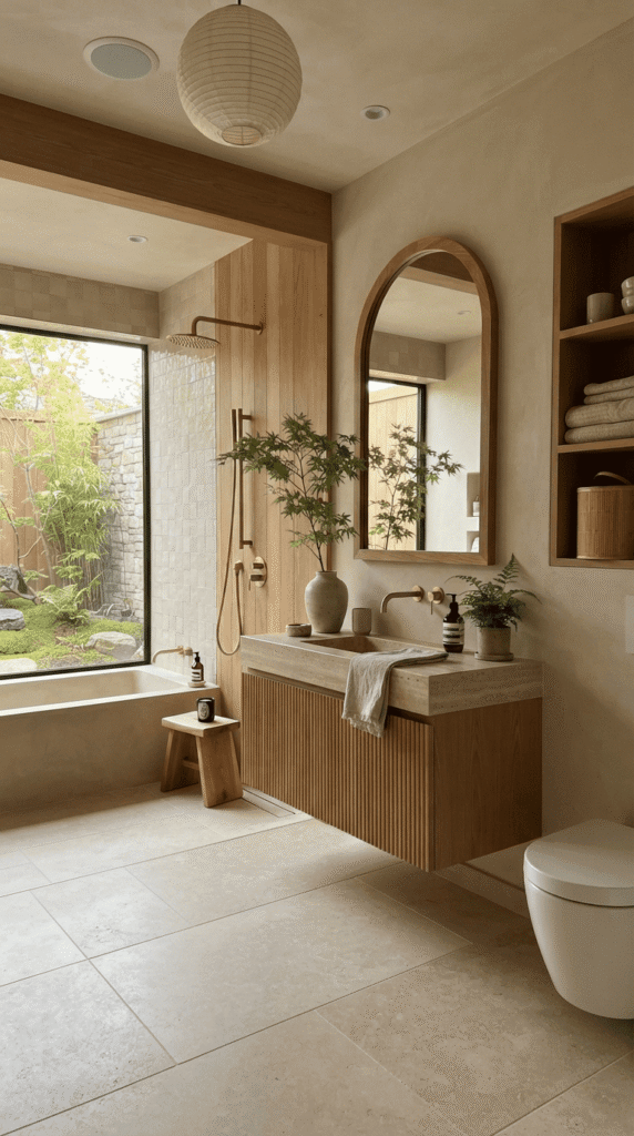 Japandi style bathroom decor with warm wood and beige tones