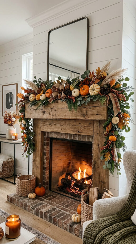 layered fall garland draped across a wood mantle