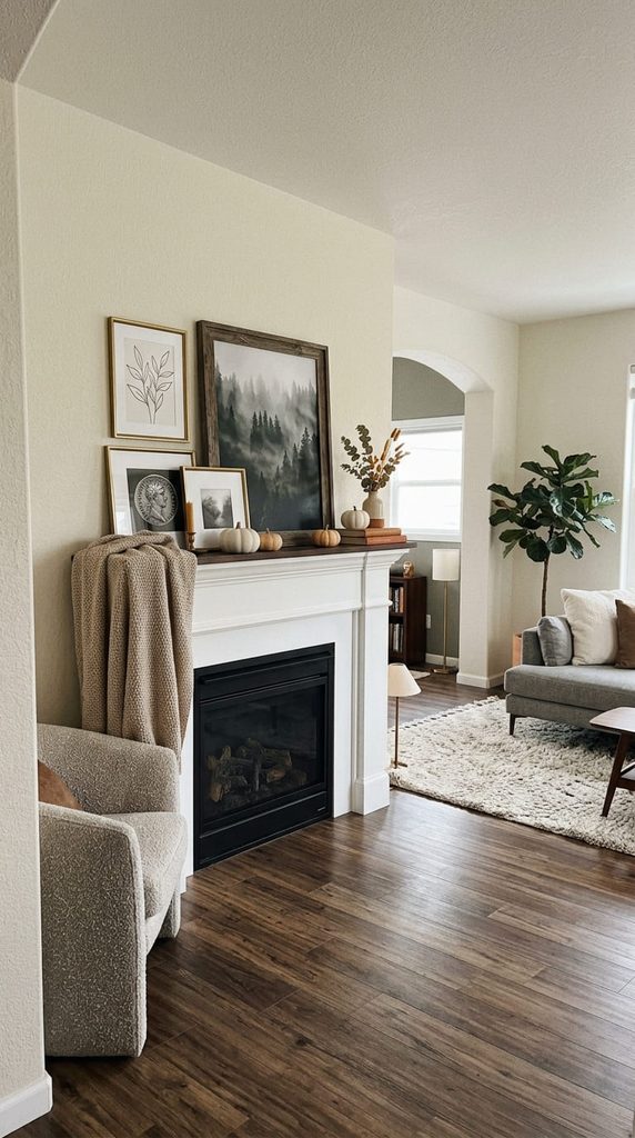 leaning framed art on a mantle for fall styling